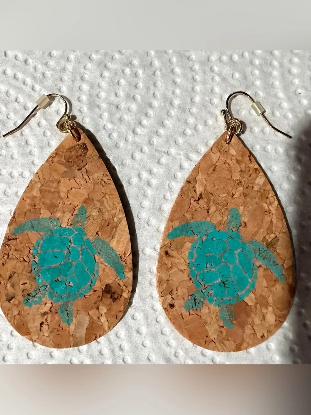 Cork Teardrop Earrings with Turquoise Sea Turtle Print - Unbranded